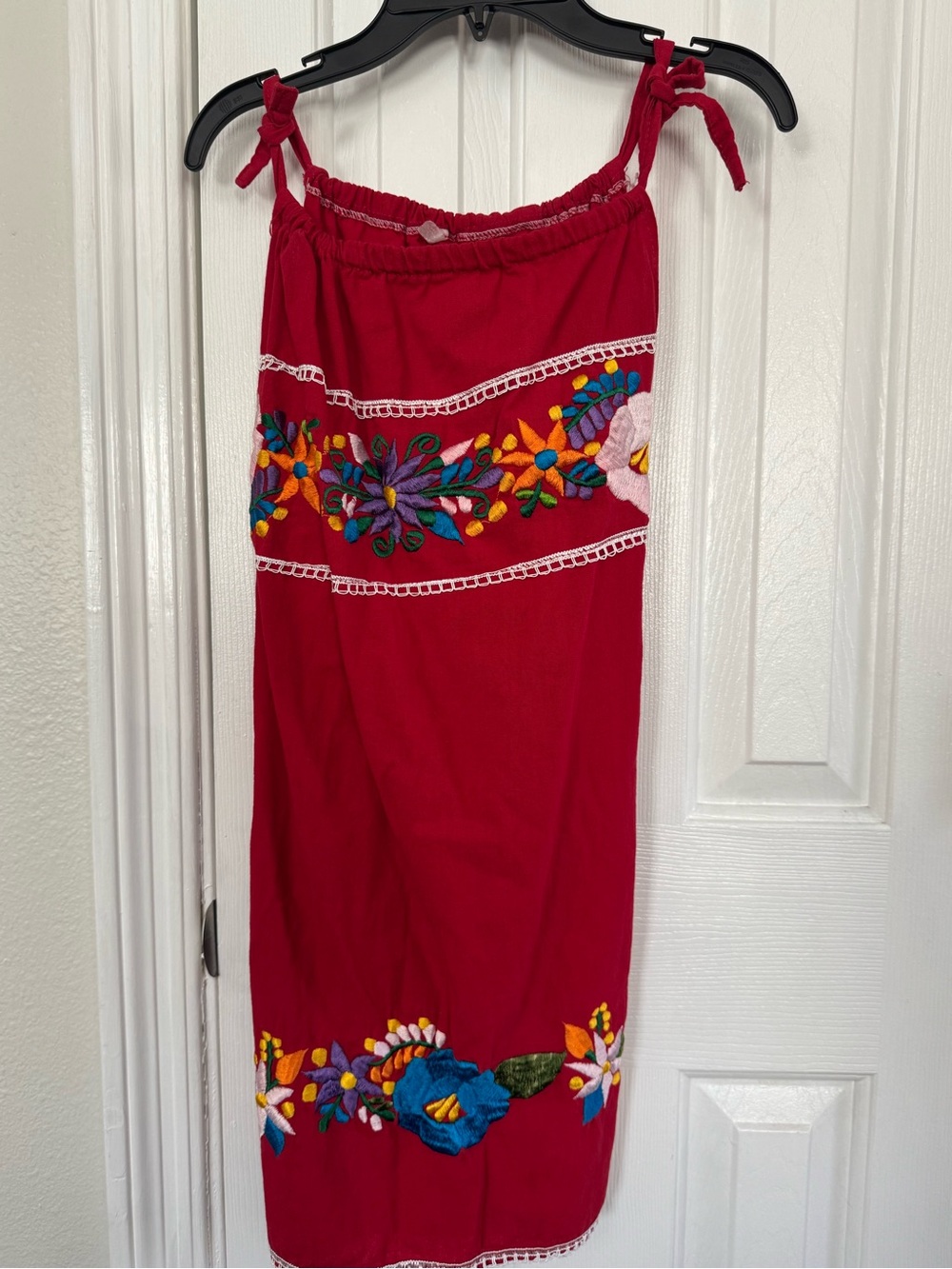 Girl Mexican Red Embroidered Tie-Shoulder dress